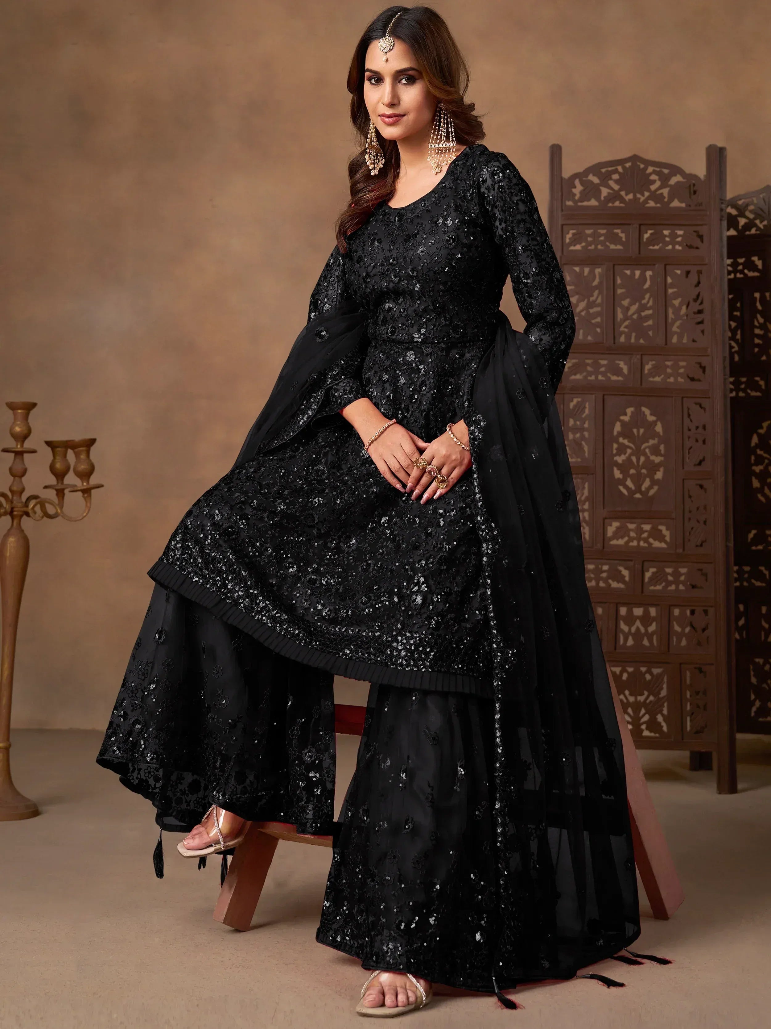 Enchanting Black Embroidered Net Festival Wear Sharara Suit