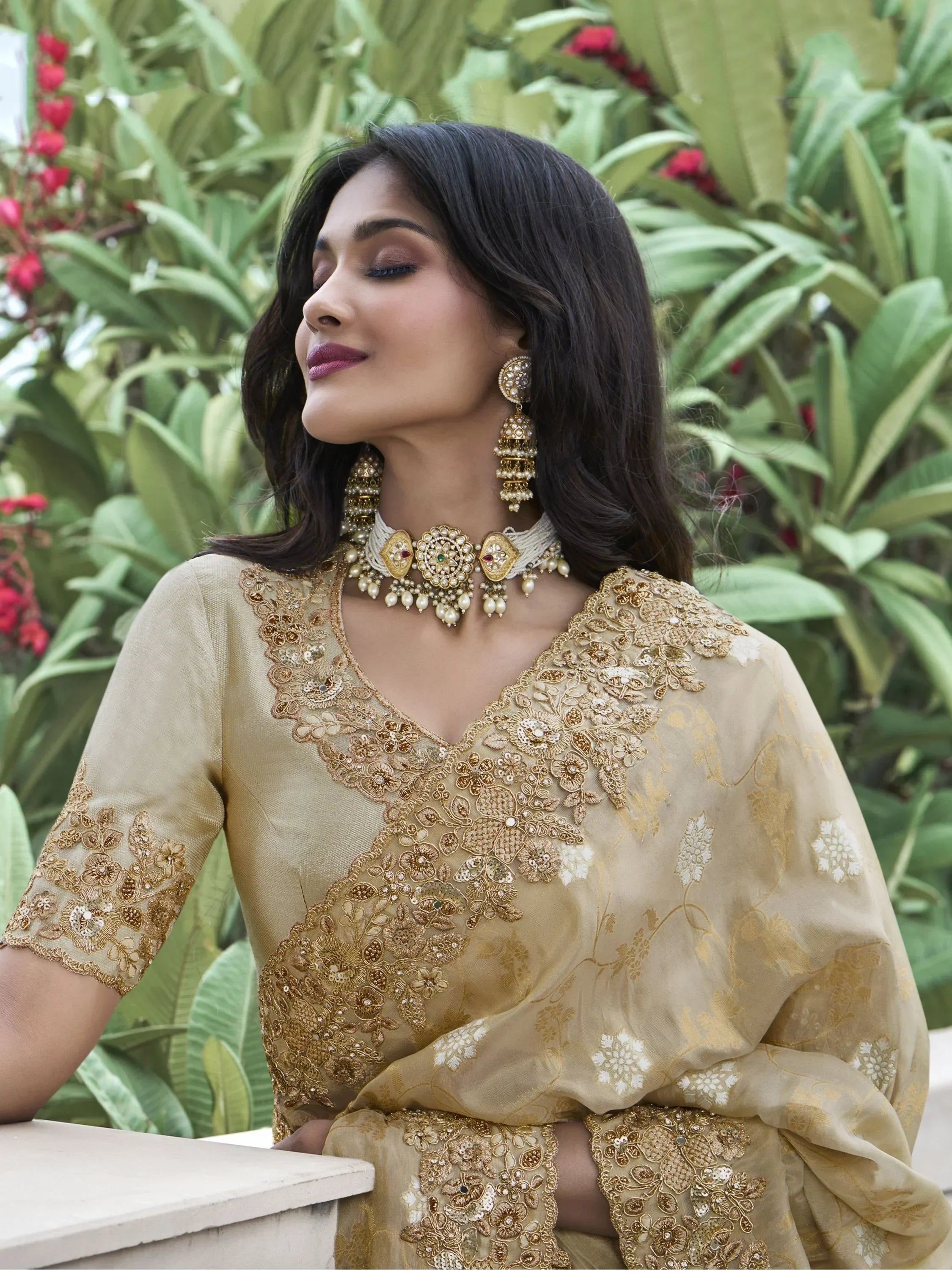 Striking Cream Zari Woven Organza Silk Function Wear Saree With Blouse