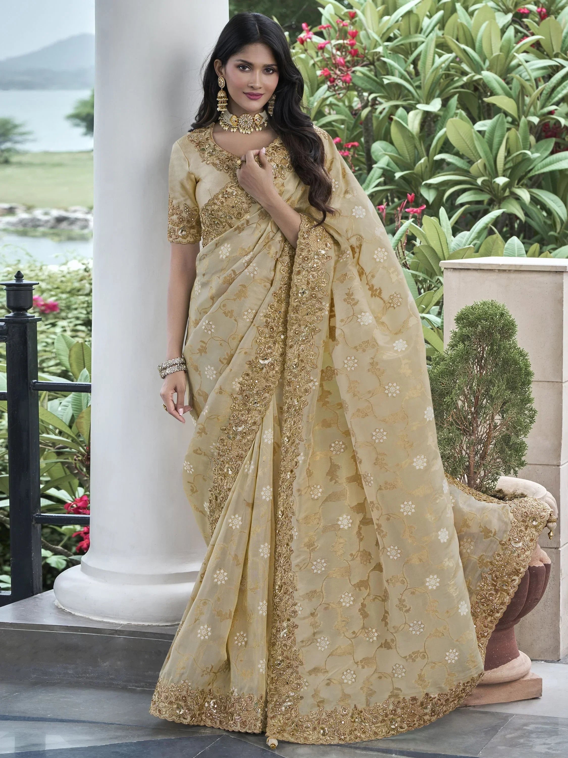 Striking Cream Zari Woven Organza Silk Function Wear Saree With Blouse