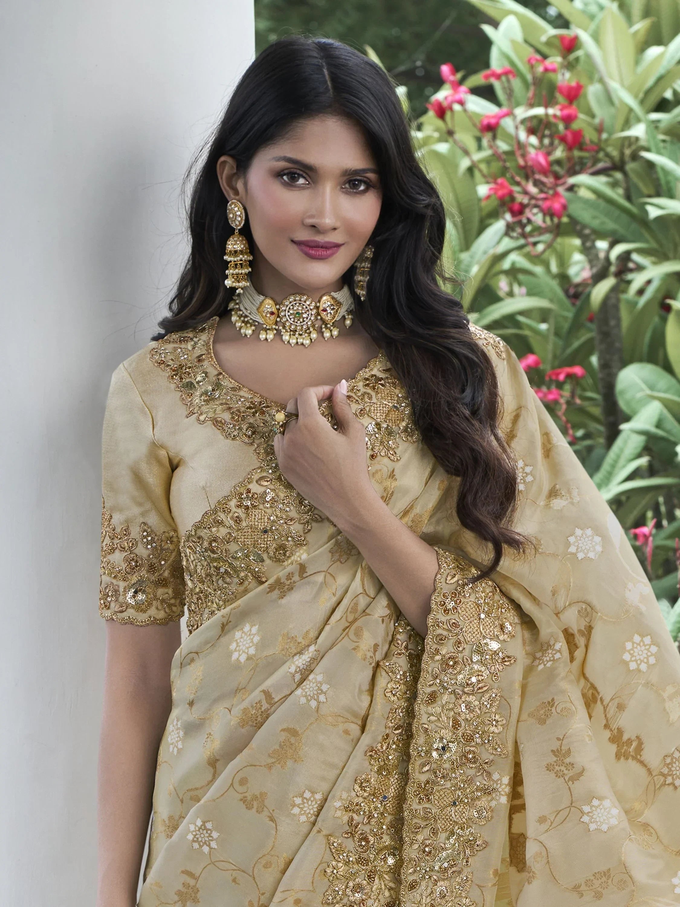 Striking Cream Zari Woven Organza Silk Function Wear Saree With Blouse