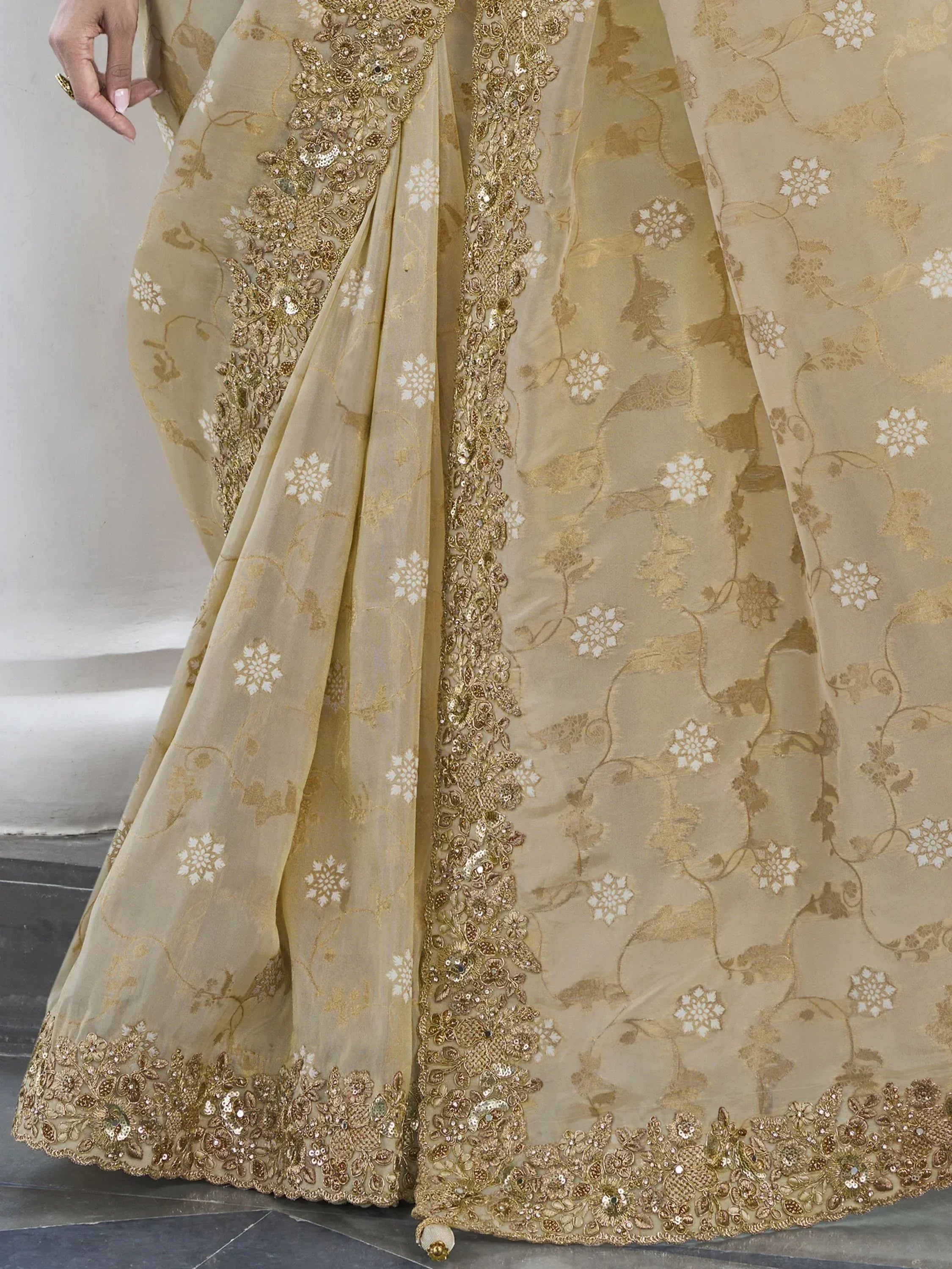 Striking Cream Zari Woven Organza Silk Function Wear Saree With Blouse