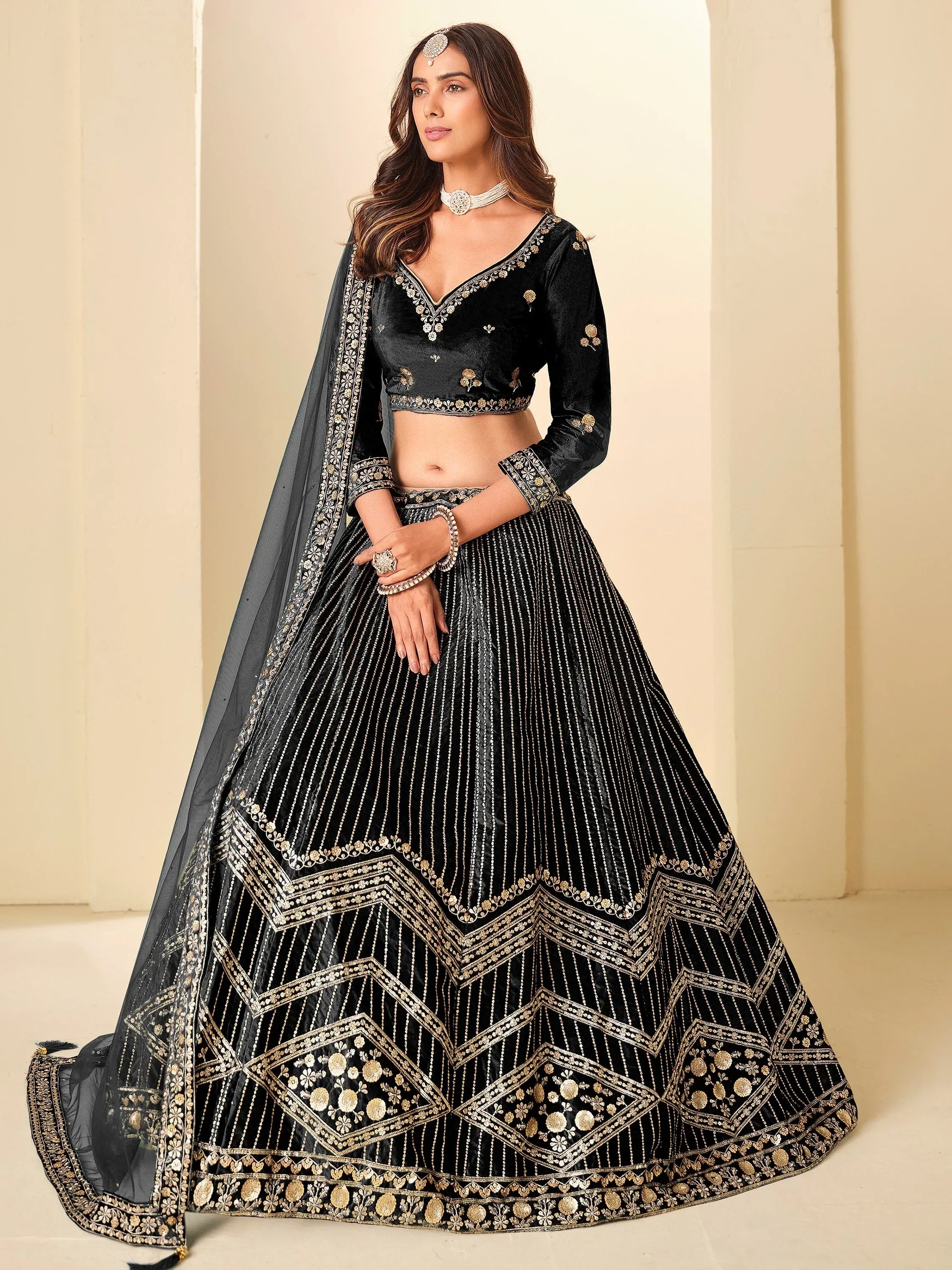 Glowing Black Sequins Velvet Evening Wear Lehenga Choli With Dupatta