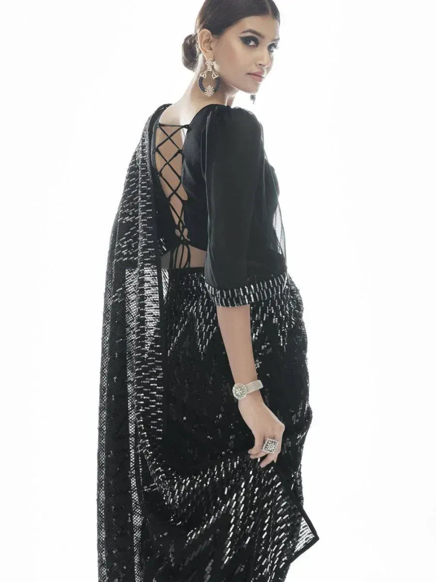 Black sequin saree with crisscross back blouse, ethnic Indian wear for women