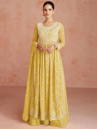 Incredible Yellow Sequins Embroidered Georgette Palazzo Suit
