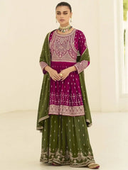 Astonishing Pink Green Sequins Embroidery Georgette Palazzo Suit