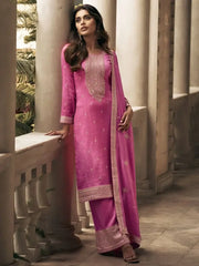 Stunning Pink Thread Embroidery Silk Festival Wear Palazzo Suit