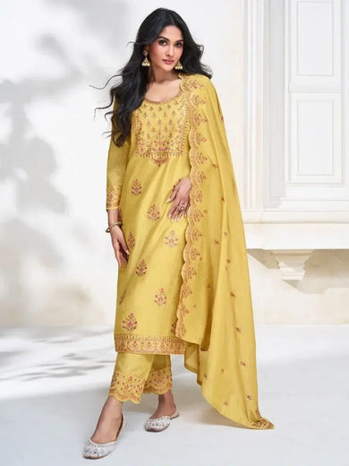 Glamorous Yellow Embroidered Silk Festival Wear Pant Suit With Dupatta