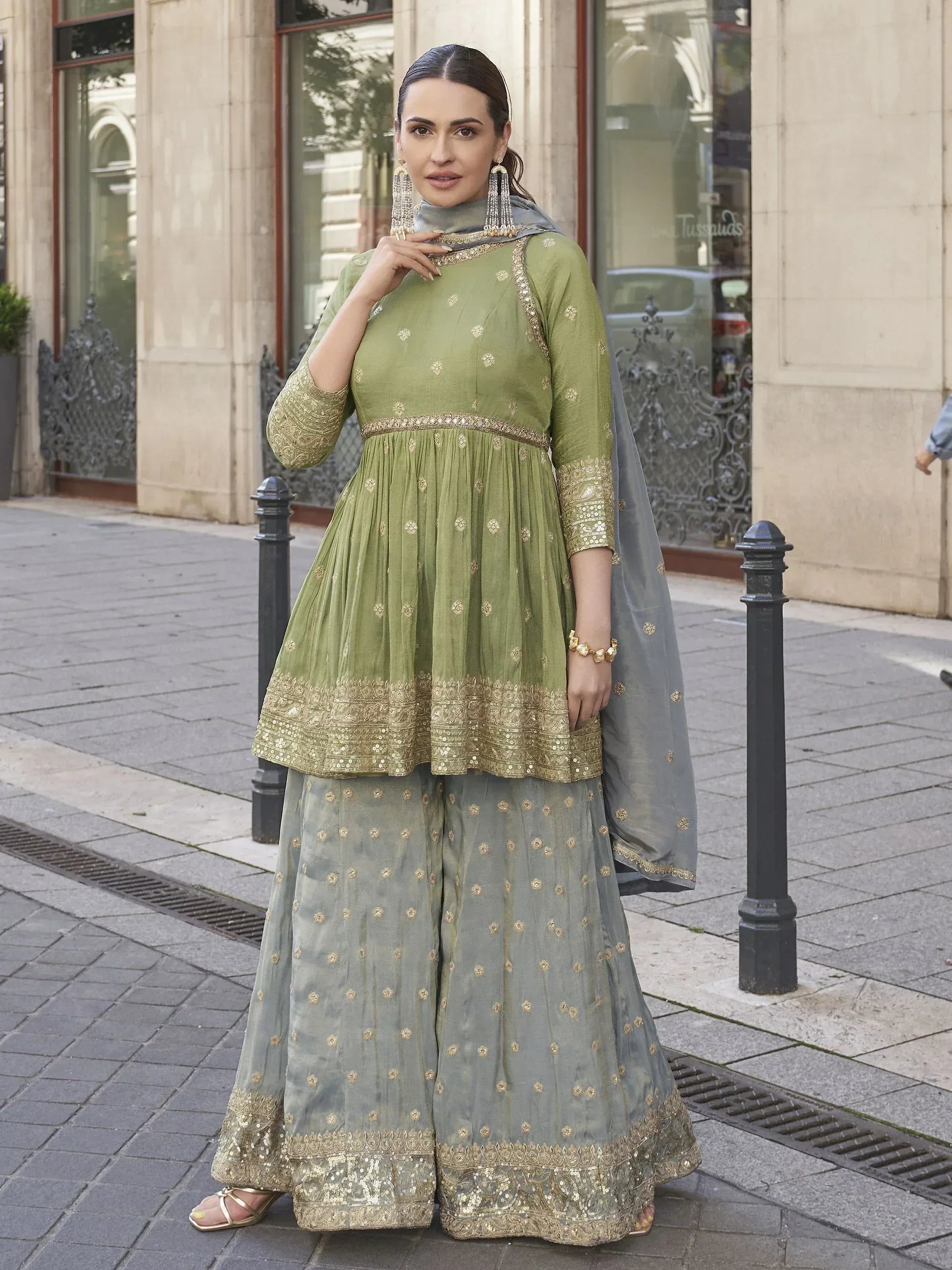 Olive green embroidered anarkali with grey palazzo and dupatta, Indian ethnic wear