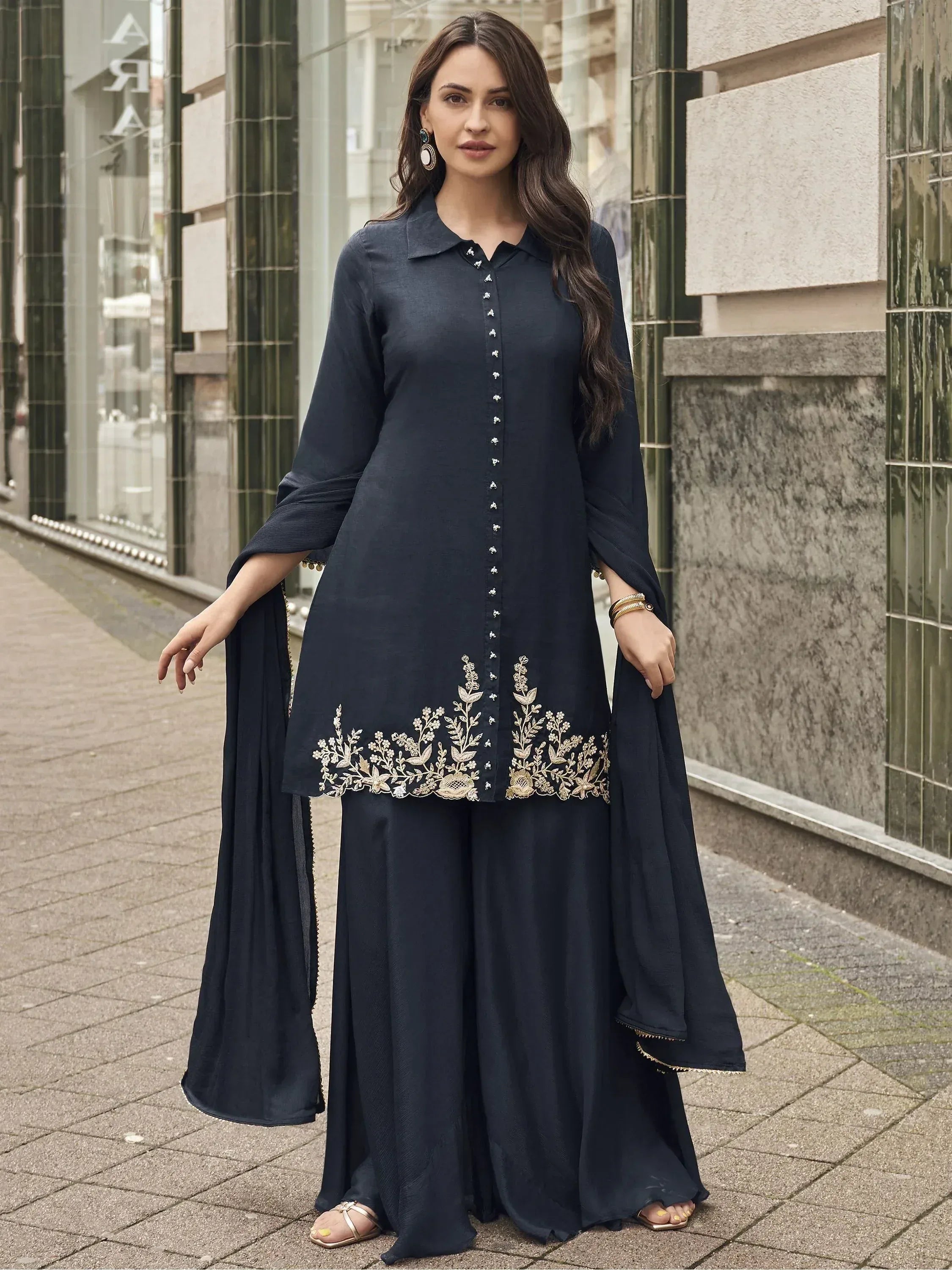 Navy blue embroidered kurta with palazzo pants and dupatta, ethnic wear for women