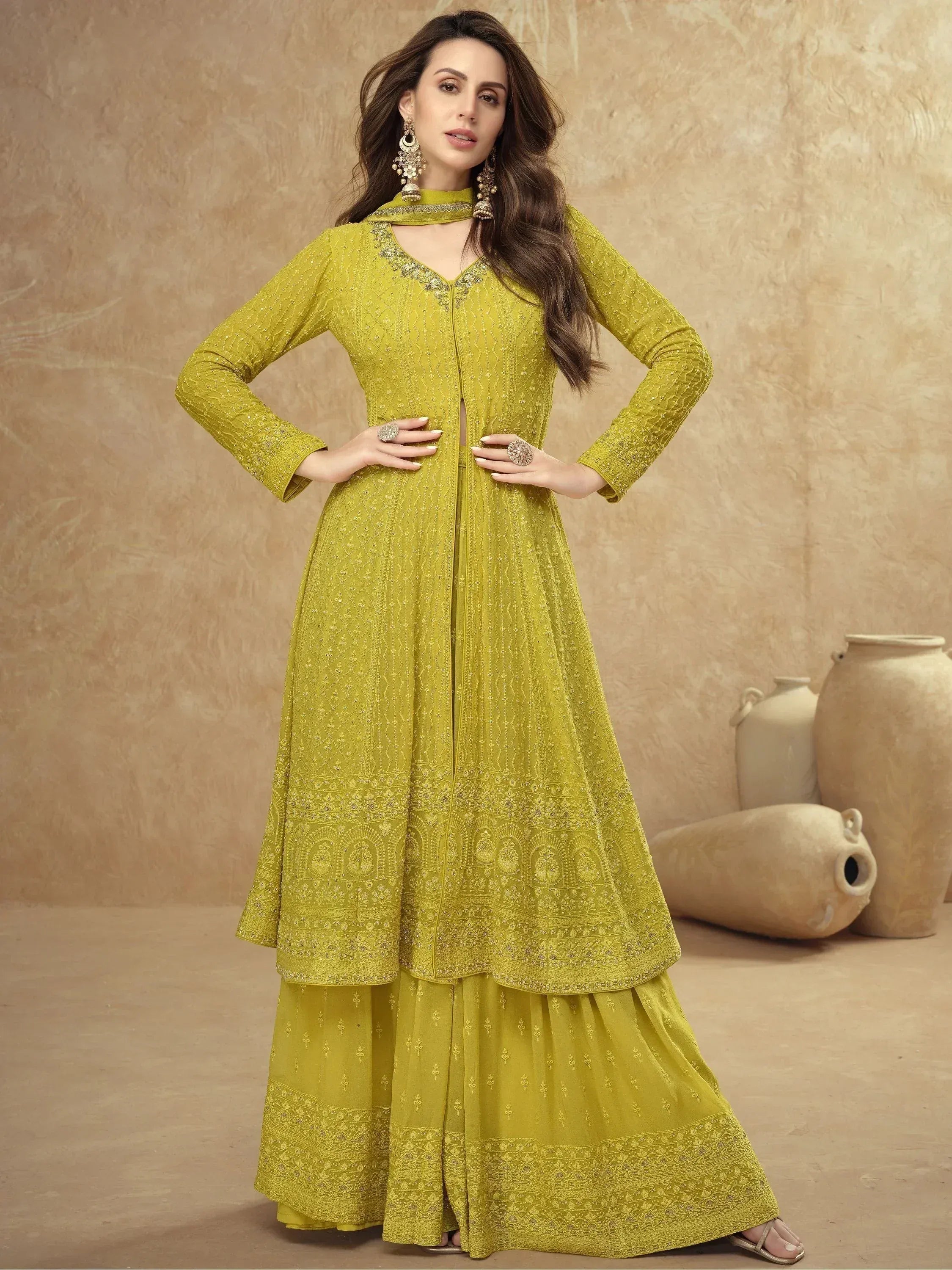Elegant yellow embroidered anarkali suit with palazzo pants, perfect for Indian ethnic occasions.