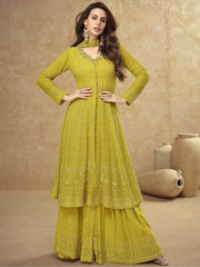 Endearing Lemon Yellow Embroidered Georgette Haldi Wear Sharara Suit
