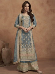 Glamorous Powder Blue Embroidered Silk Function Wear Palazzo Suit