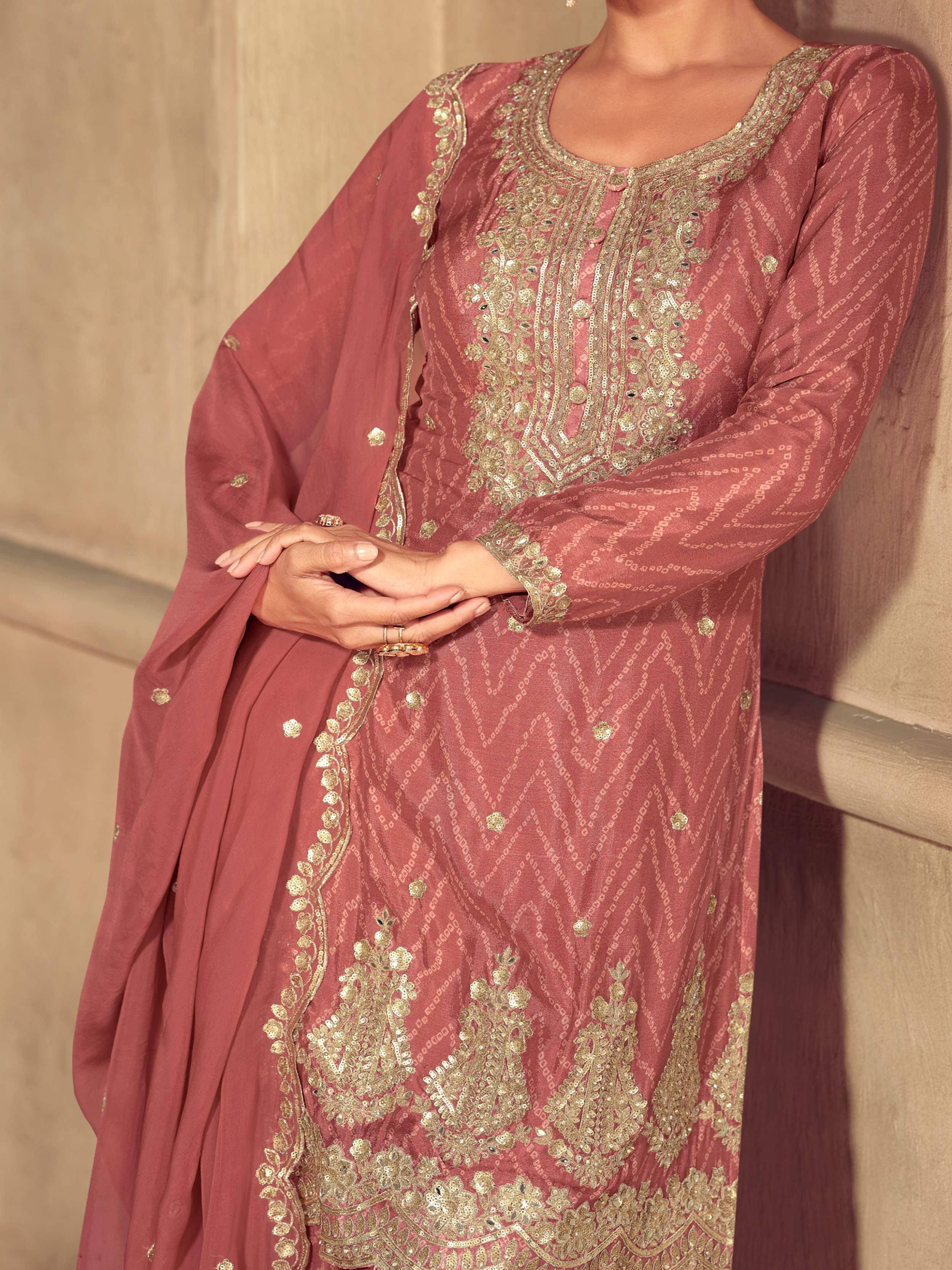 Dusty rose Indian ethnic kurti with gold embroidery and sequins, perfect for festive occasions