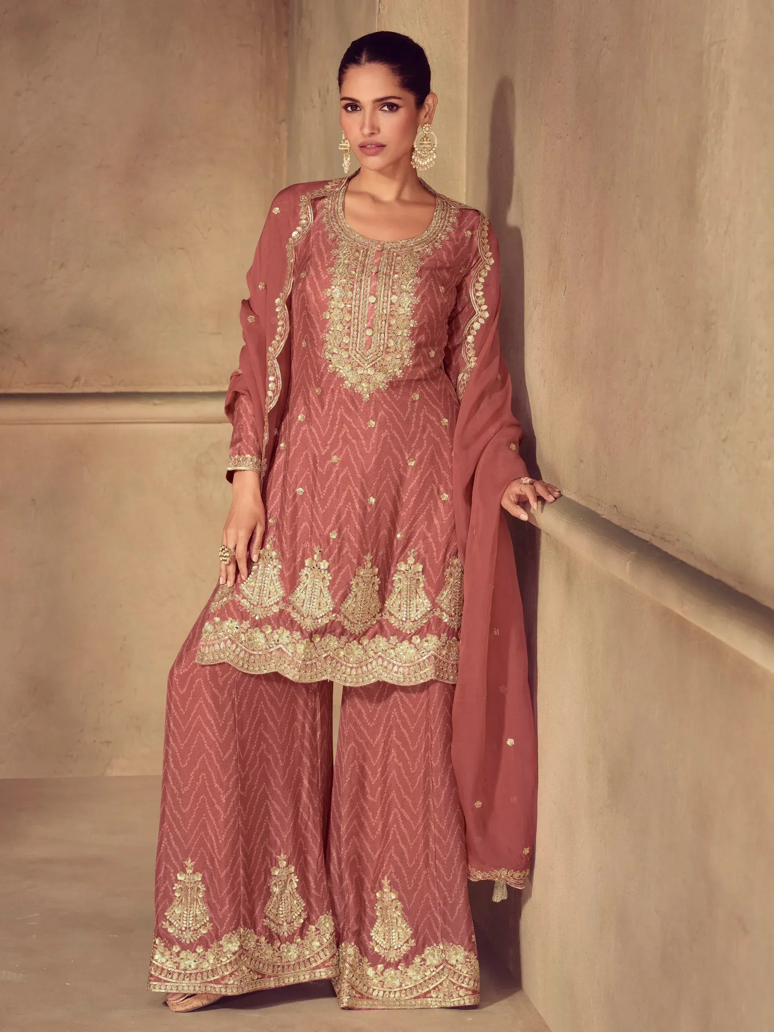 Dusty rose salwar kameez with gold embroidery, ethnic Indian wear for women