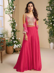 Beautiful Pink Georgette Beads Work Crop Top Palazzo With Koti
