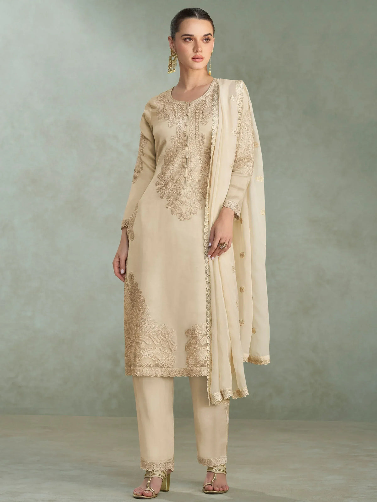 Beige embroidered salwar kameez with matching dupatta, elegant Indian ethnic wear for women