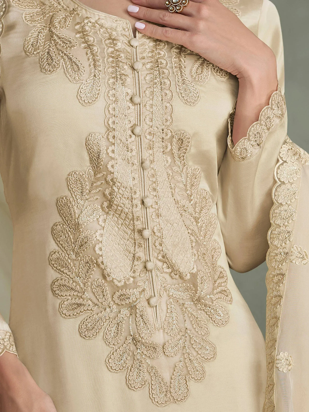 Beige embroidered kurta with floral lace detailing and button placket, Indian ethnic wear