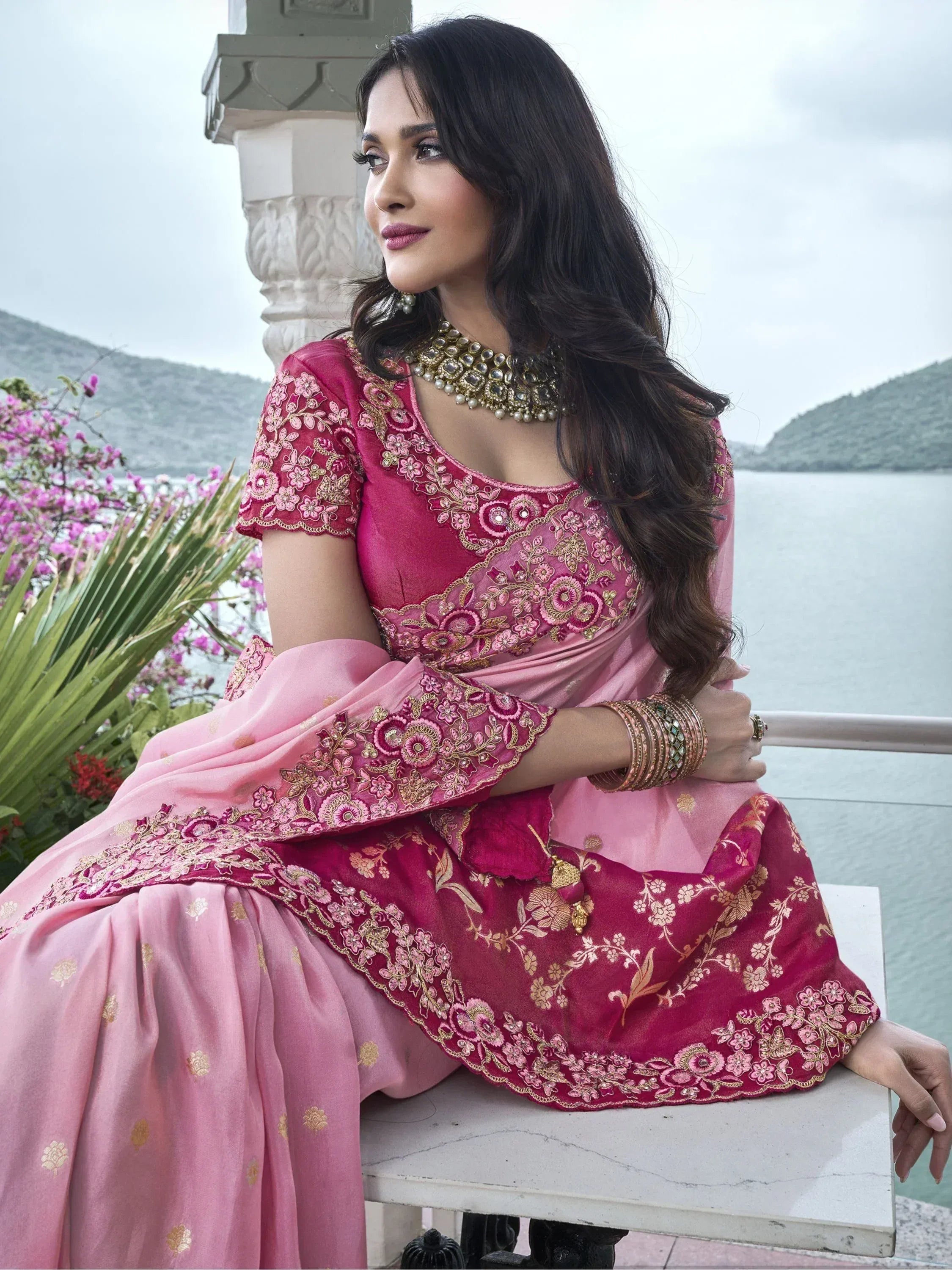 Pink embroidered lehenga choli with gold floral work, perfect for Indian ethnic occasions