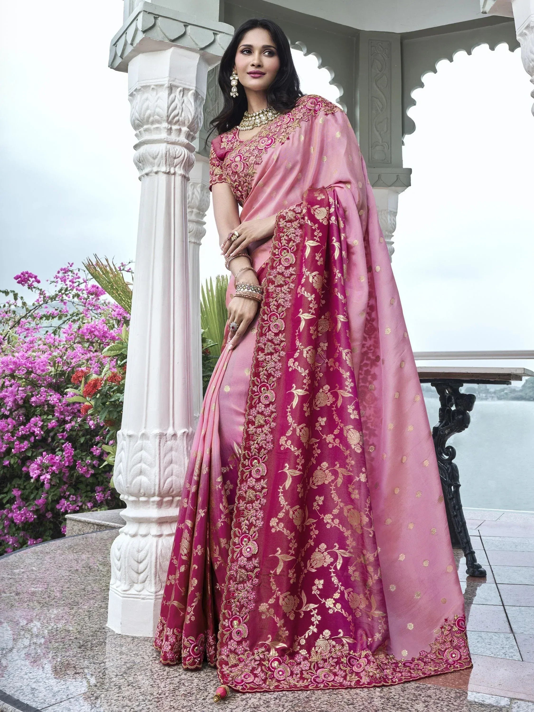 Pink and maroon designer saree with gold floral embroidery, perfect for Indian ethnic occasions