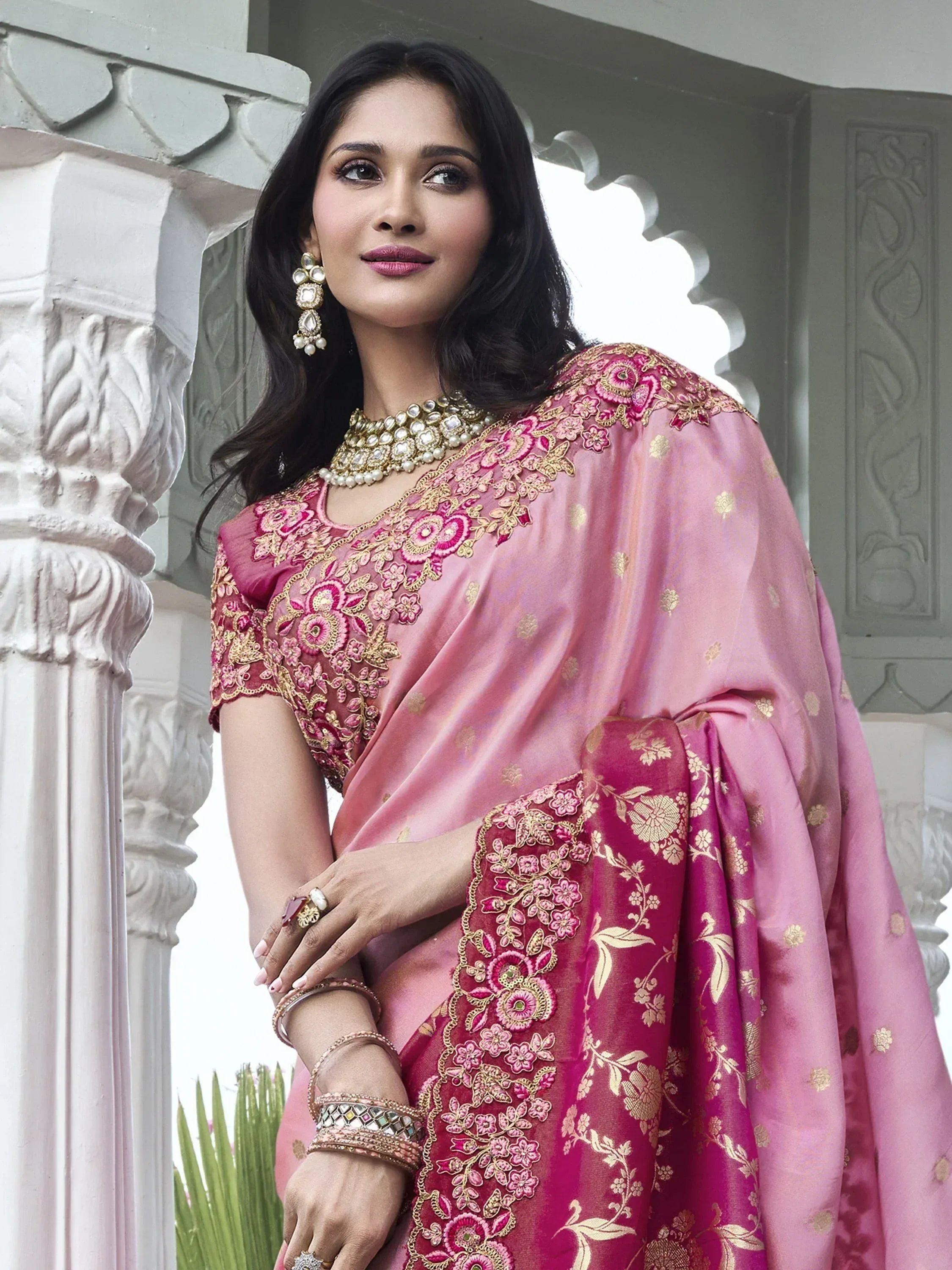 Pink embroidered saree with gold floral motifs, perfect for Indian ethnic occasions