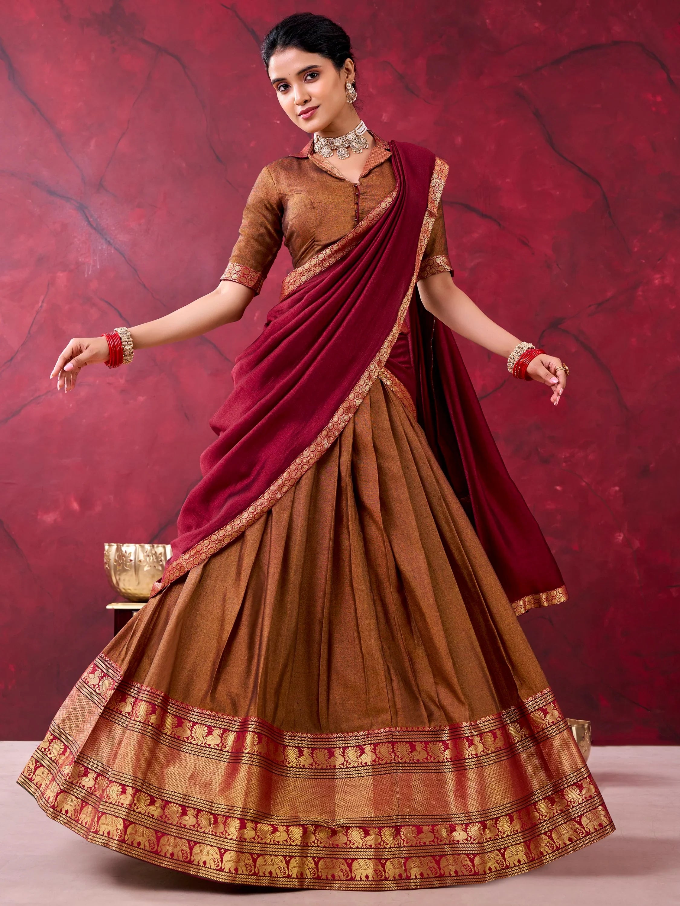 Delightful Brown Zari Weaving Cotton Marriage Wear Half Saree Lehenga