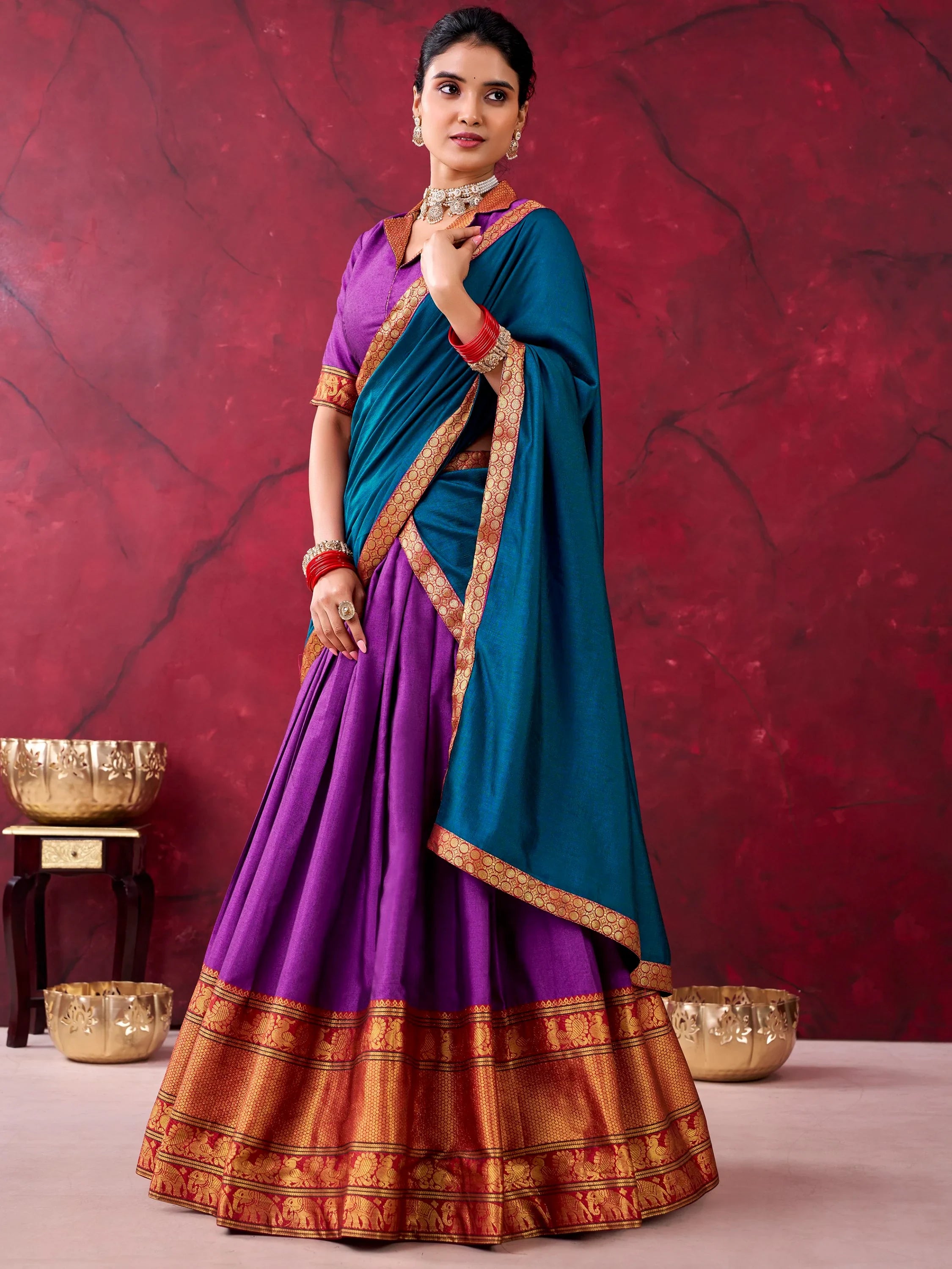 Great Purple Zari Weaving Cotton Festive Wear Half Saree Lehenga