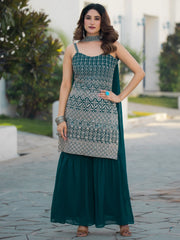 Amazing Teal Blue Thread Embroidered Georgette Sharara Suit