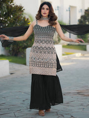 Marvelous Black Thread Embroidered Georgette Event Wear Sharara Suit