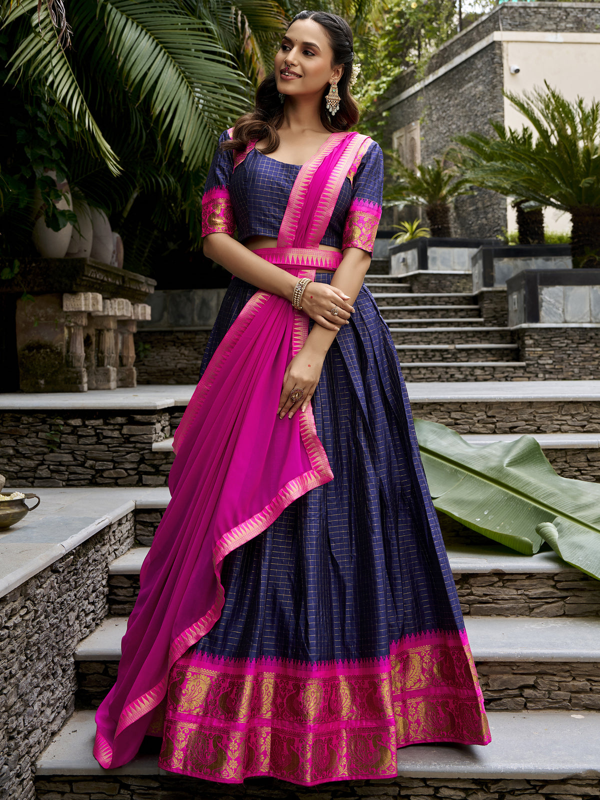 Great Navy Blue Zari Weaving Cotton Wedding Wear Half Saree Lehenga