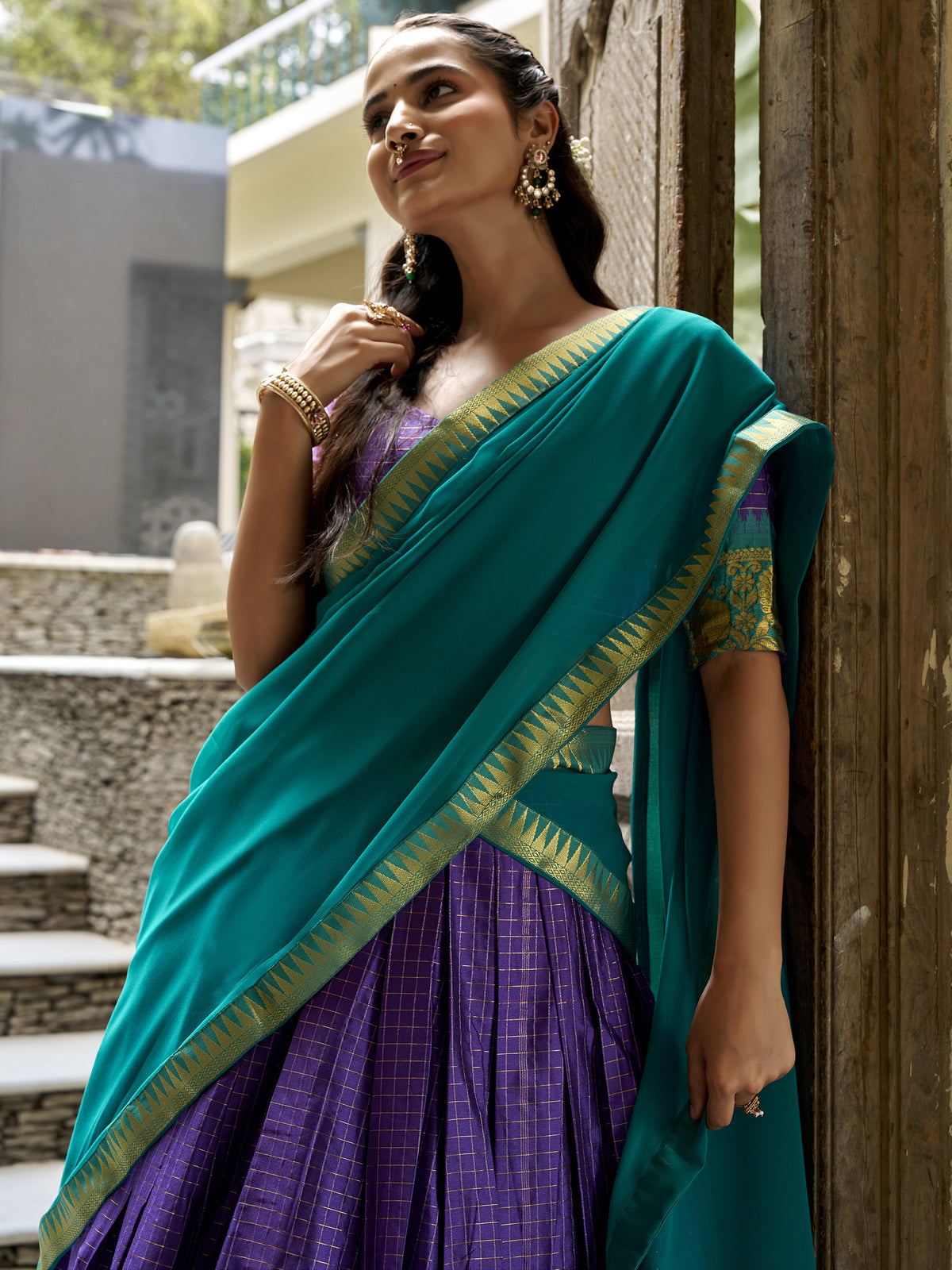 Great Navy Blue Zari Weaving Cotton Wedding Wear Half Saree Lehenga