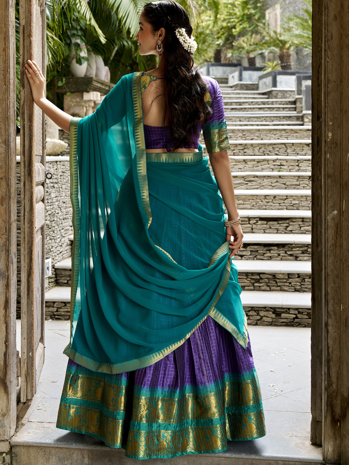 Great Navy Blue Zari Weaving Cotton Wedding Wear Half Saree Lehenga