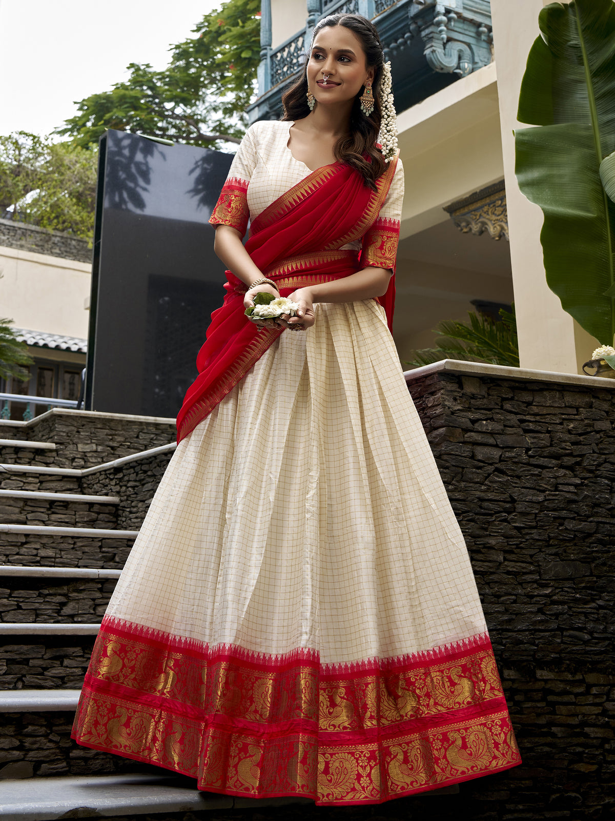 Charming White Zari Weaving Cotton Festive Wear Half Saree Lehenga