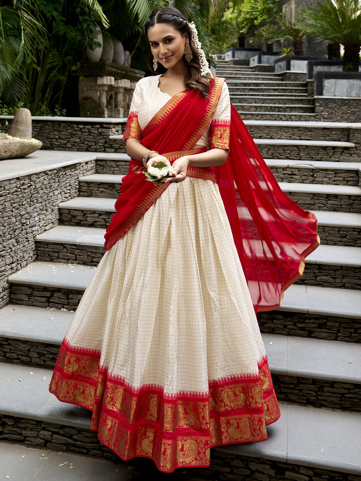 Charming White Zari Weaving Cotton Festive Wear Half Saree Lehenga