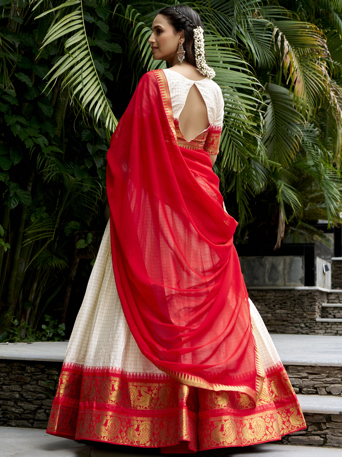 Charming White Zari Weaving Cotton Festive Wear Half Saree Lehenga