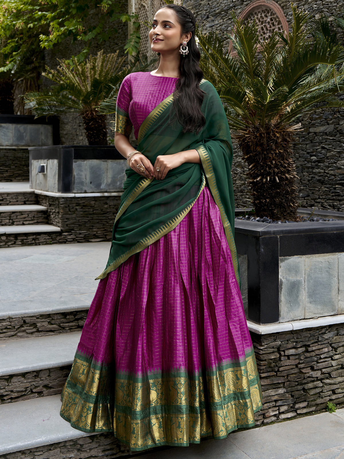Rich Rani Pink Zari Weaving Cotton Engagement Wear Half Saree Lehenga