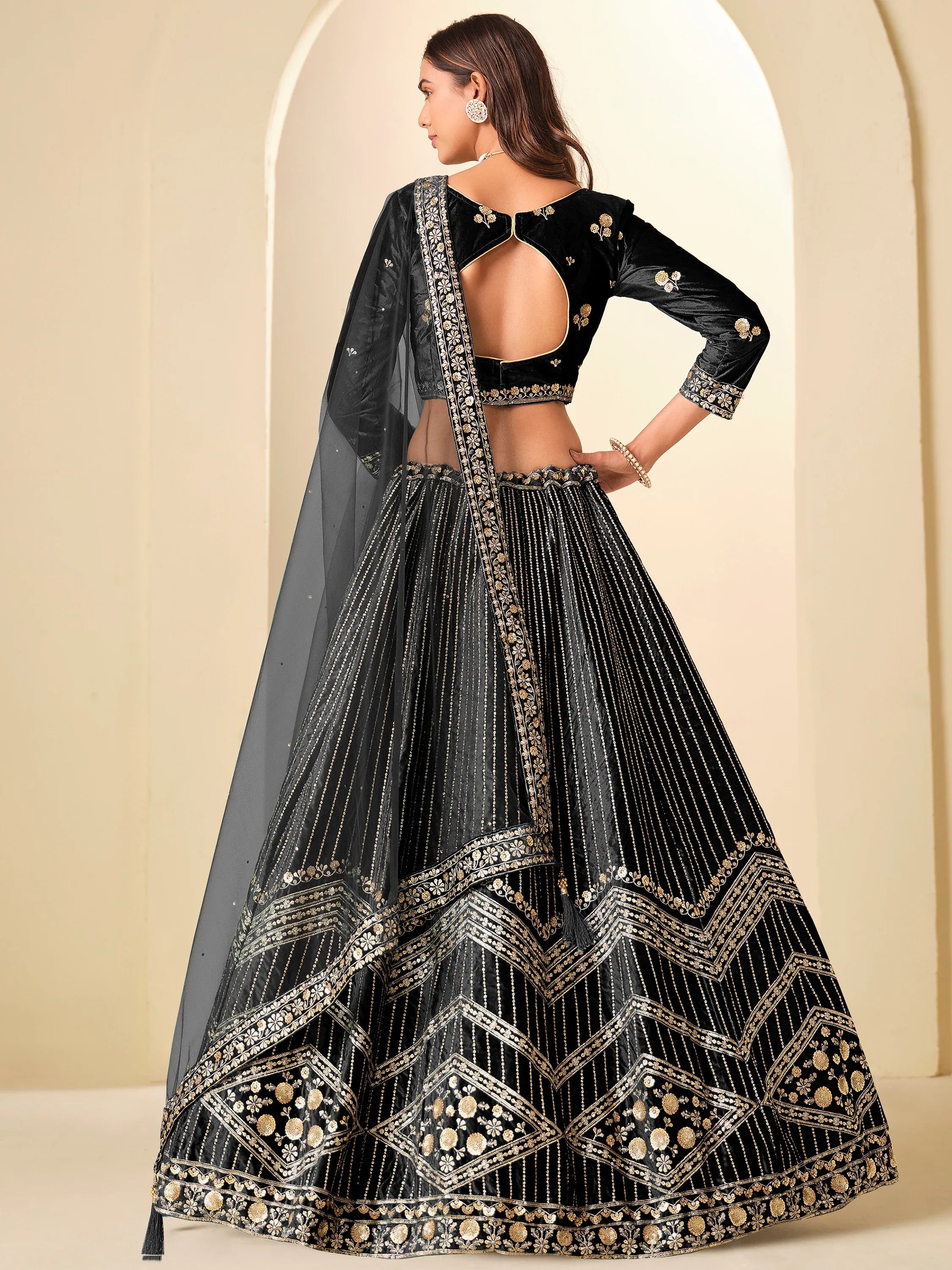 Glowing Black Sequins Velvet Evening Wear Lehenga Choli With Dupatta