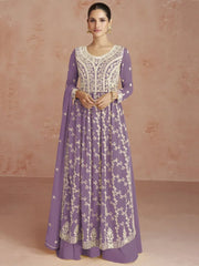 Attractive Purple Thread Embroidered Georgette Readymade Palazzo Suit