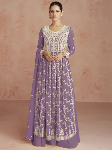 Attractive Purple Thread Embroidered Georgette Readymade Palazzo Suit