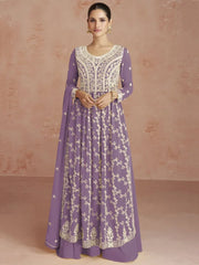 Attractive Purple Thread Embroidered Georgette Readymade Palazzo Suit