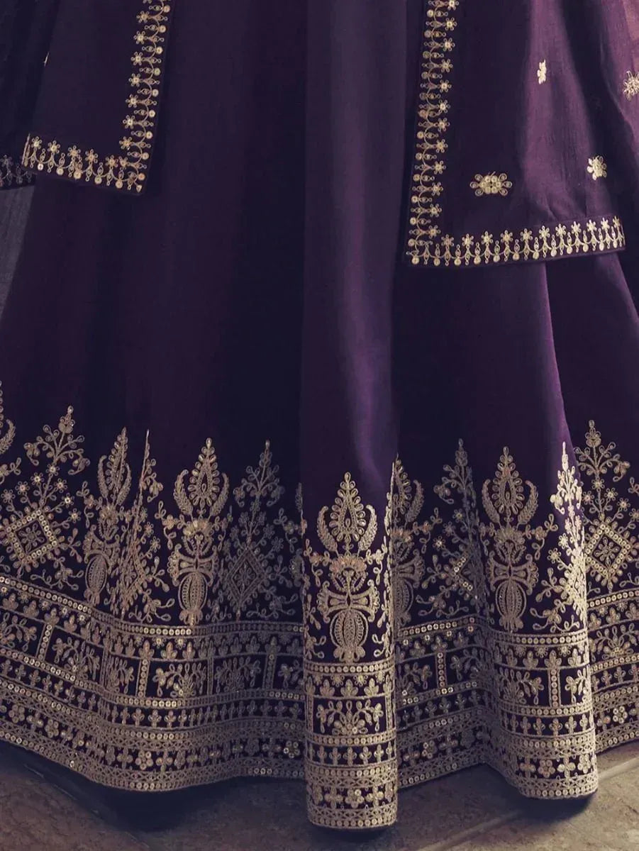 Purple lehenga choli with gold embroidery and sequin detailing, Indian ethnic wear