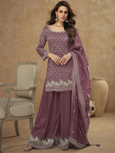 Winsome Wine Sequins Silk Festival Wear Palazzo Suit With Dupatta
