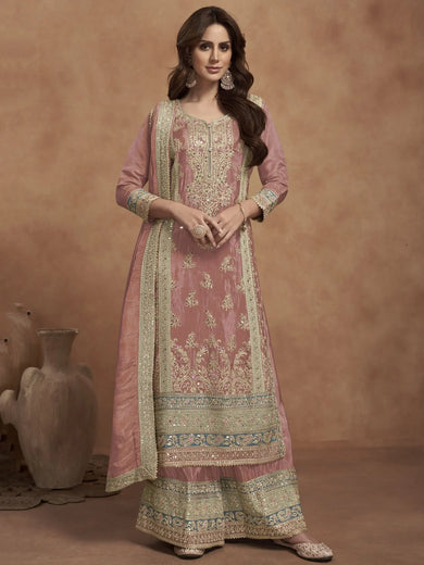 Lovely Peach Embroidered Silk Wedding Wear Palazzo Suit With Dupatta
