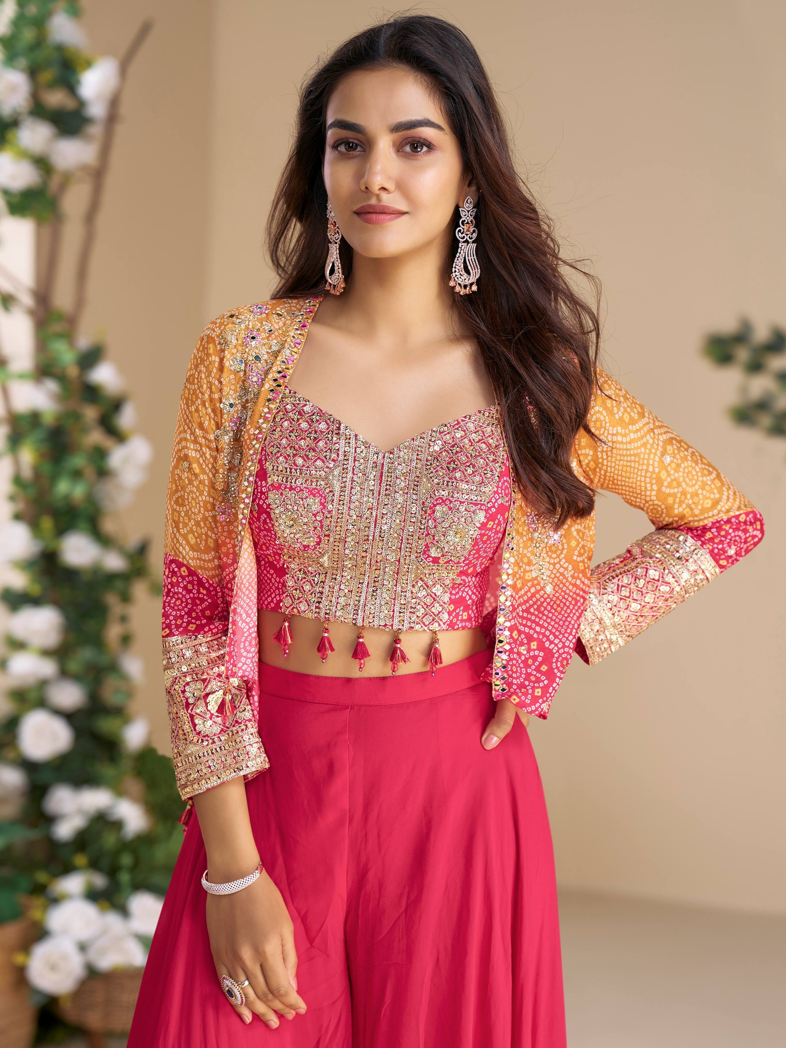 Beautiful Pink Georgette Beads Work Crop Top Palazzo With Koti