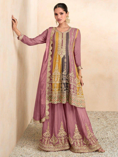 Glamorous Multi-Color Embroidered Chinon Festival Wear Palazzo Suit