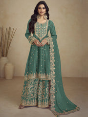 Bewitching Green Embroidered Chinon Wedding Palazzo Suit