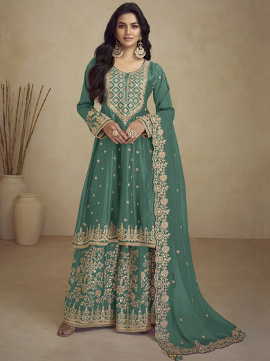Bewitching Green Embroidered Chinon Wedding Palazzo Suit