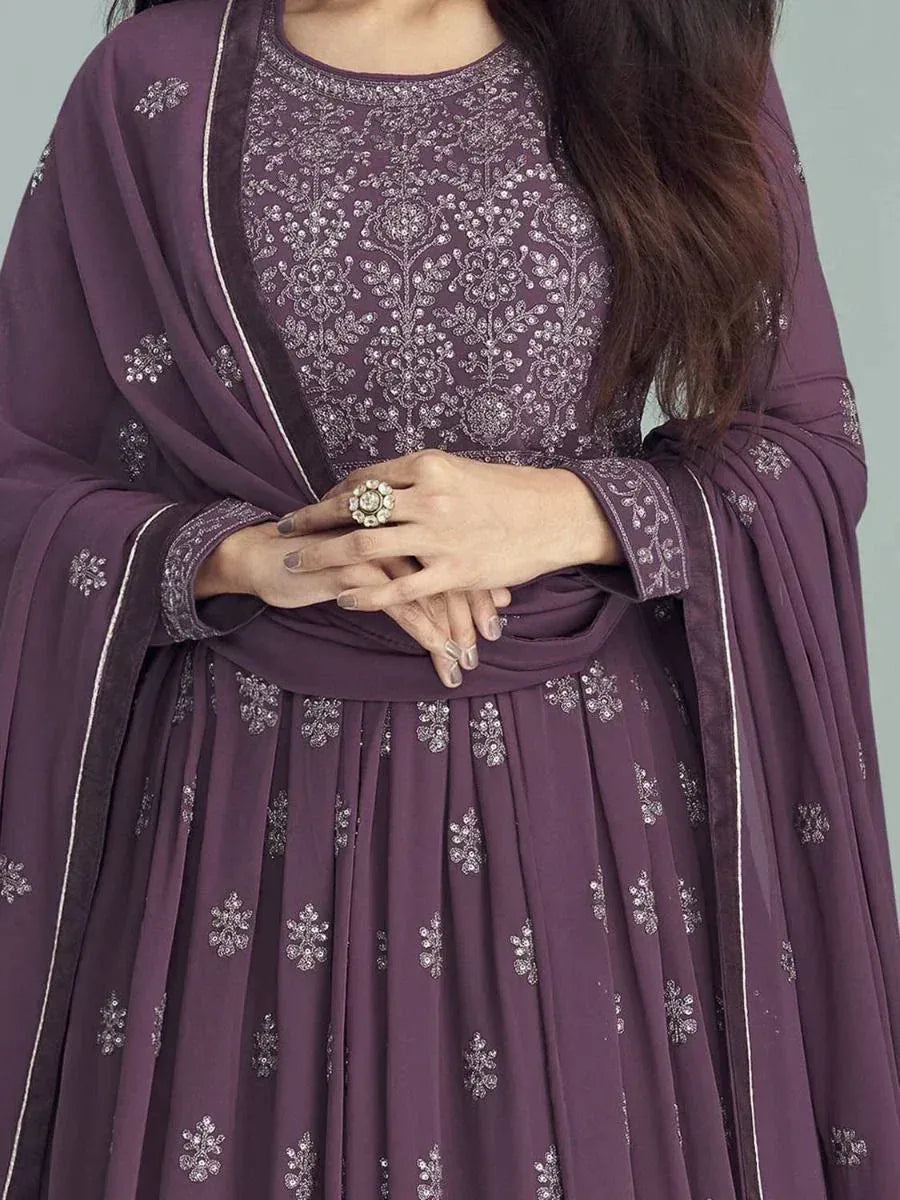 Purple embroidered anarkali suit with floral motifs and dupatta, Indian ethnic wear
