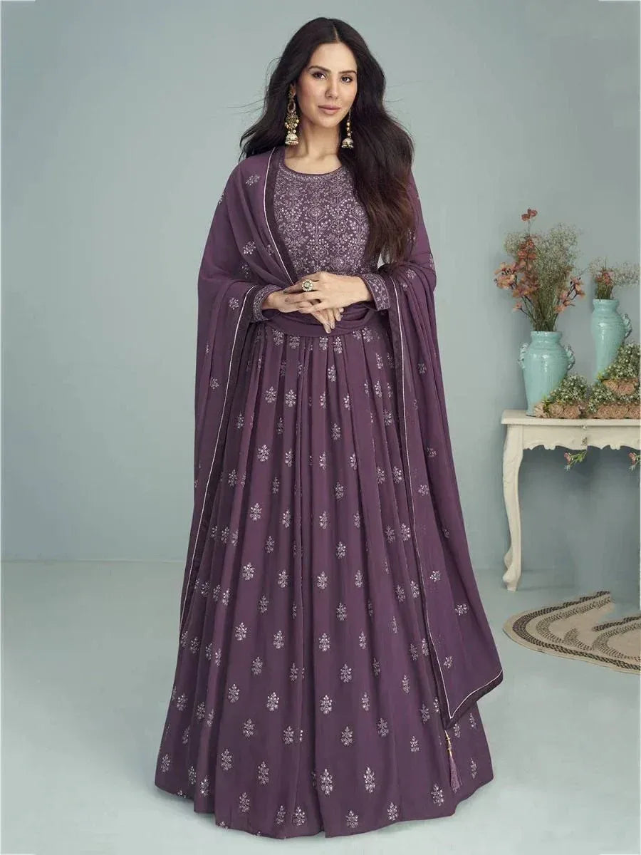 Purple embroidered anarkali suit with dupatta, Indian ethnic wear for women
