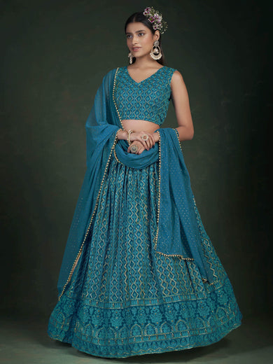 Stunning Teal Blue Sequins Embroidery Georgette Lehenga Choli