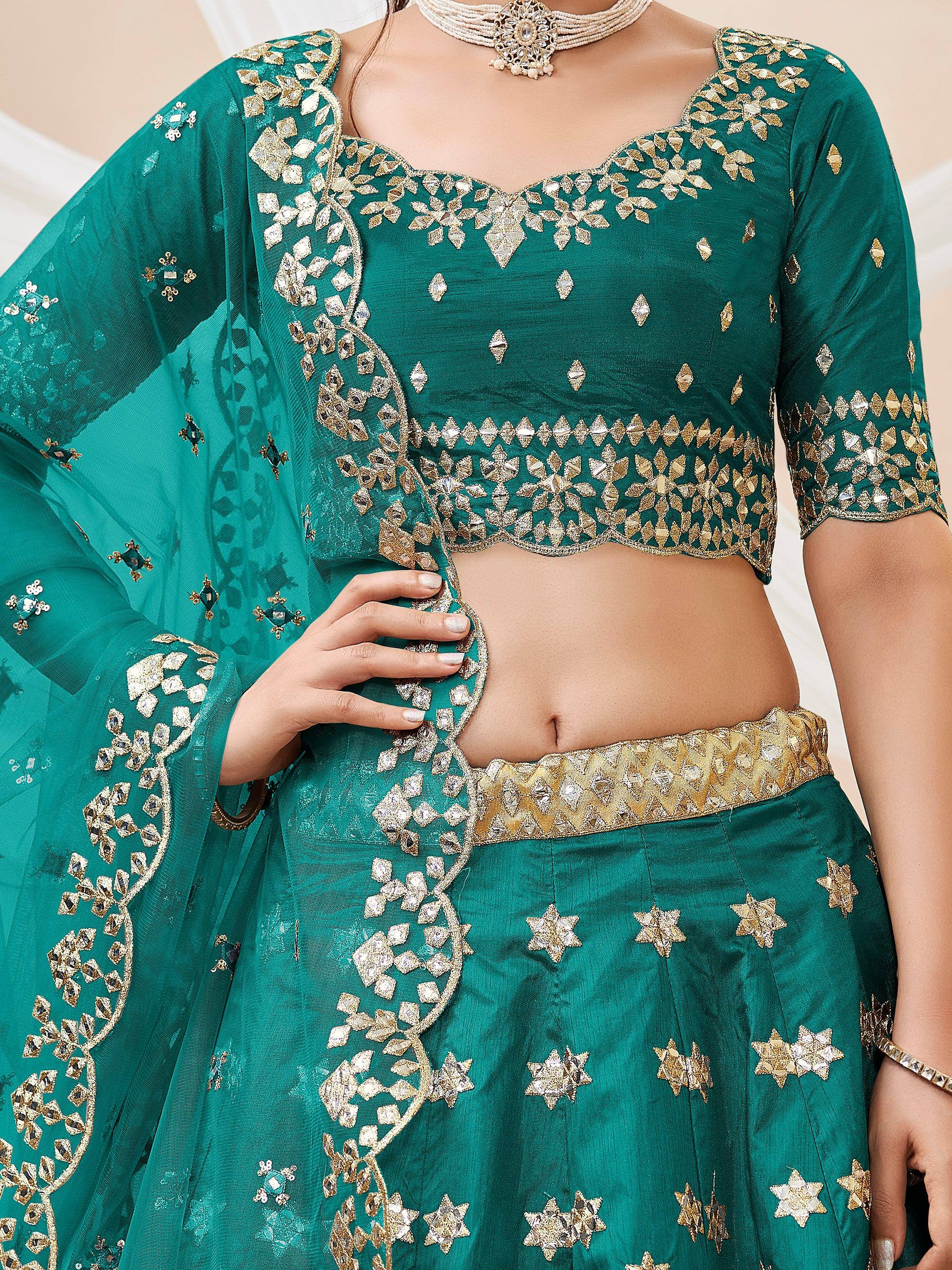 Amazing Green Embroidered Silk Wedding Wear Plus Size Lehenga Choli